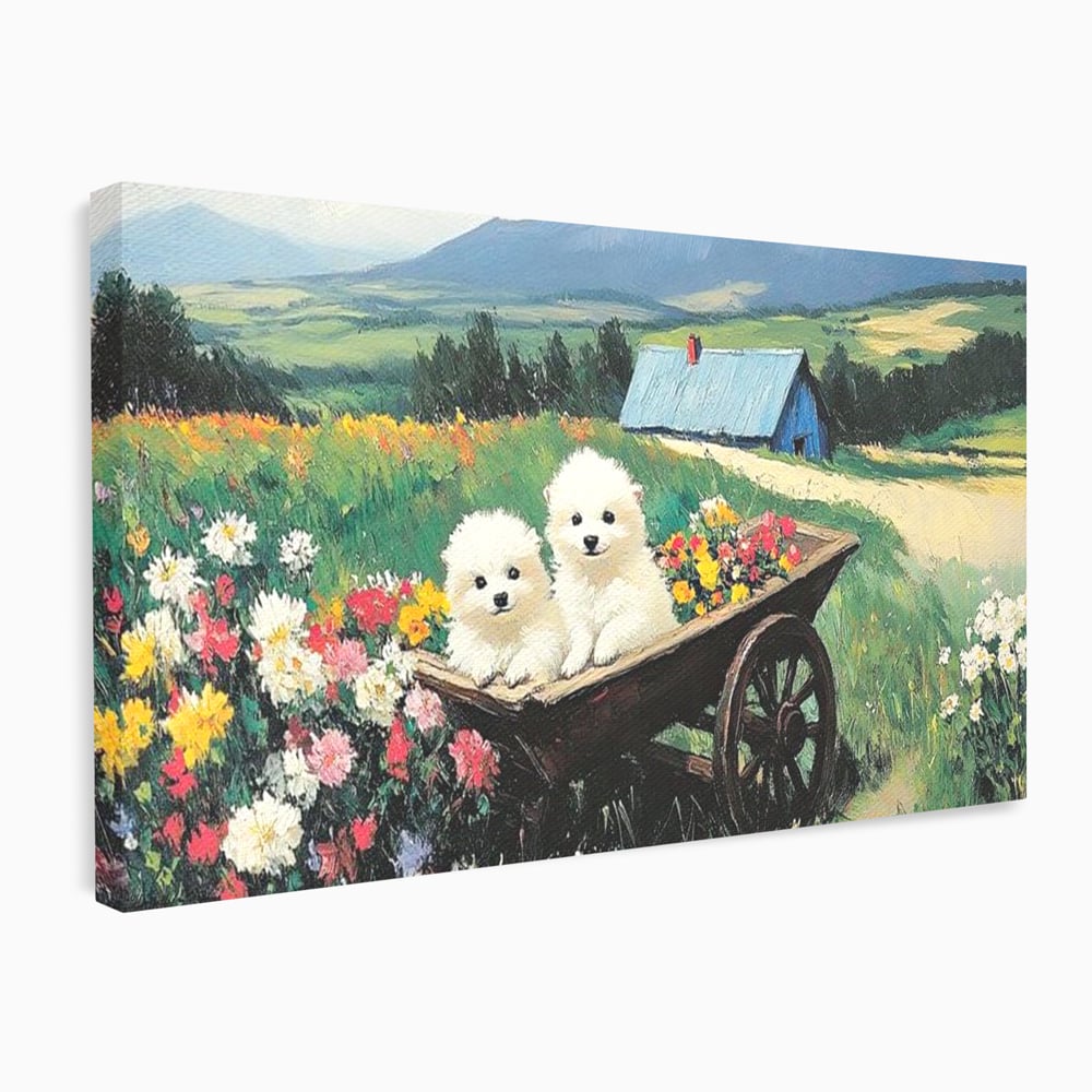 Tablou canvas cu tablou canvas cu catelusi intr-o roaba, fara rama, pe sasiu de lemn